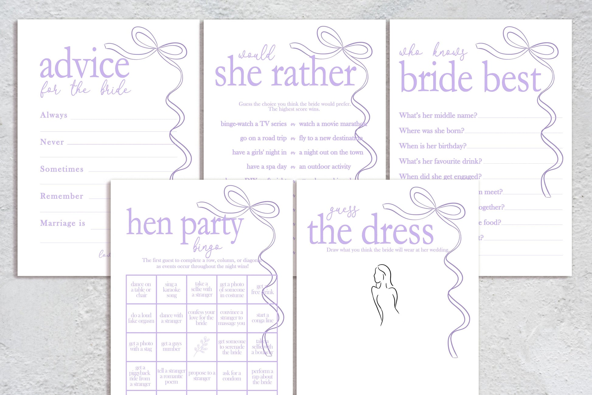 Hen do Party Games Bundle, Tie the Knot, Bridal Bingo, Advice, Guess the Dress, Would She Rather