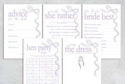 Hen do Party Games Bundle, Tie the Knot, Bridal Bingo, Advice, Guess the Dress, Would She Rather