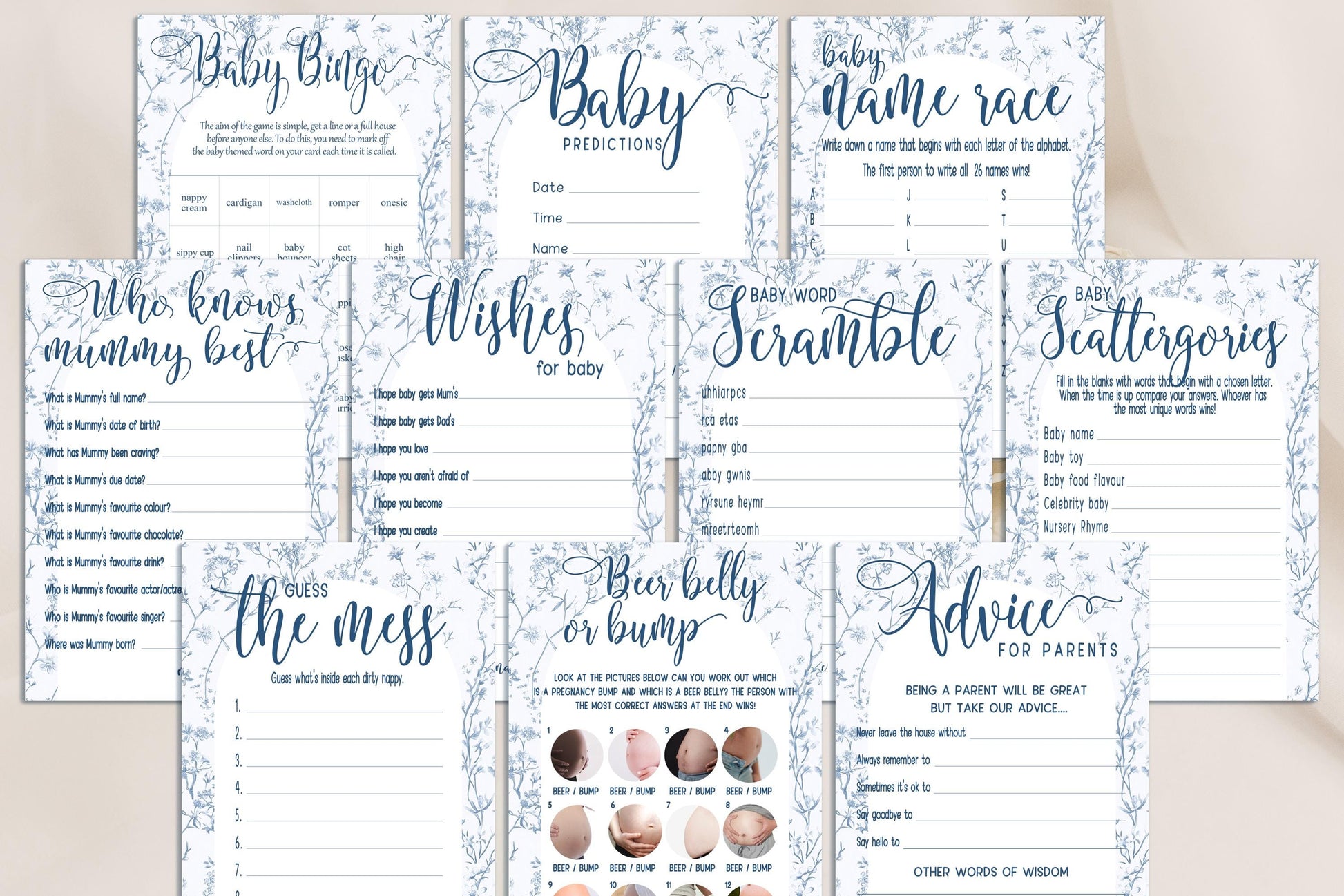 Baby Shower Bundle, Whimsical Blue Arch, Prediction and Advice Cards Game, Greenery Theme, Mum To Be, Boy Baby Shower