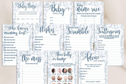 Baby Shower Bundle, Whimsical Blue Arch, Prediction and Advice Cards Game, Greenery Theme, Mum To Be, Boy Baby Shower