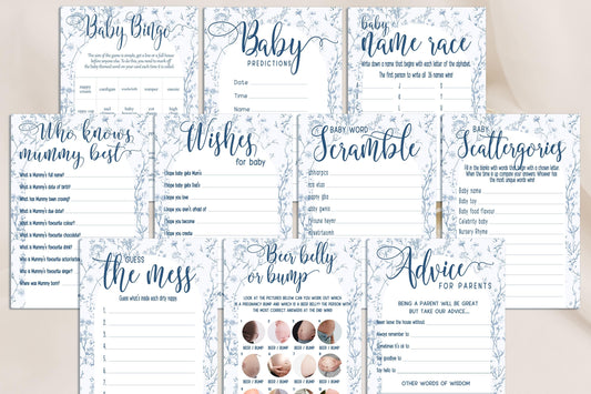 Baby Shower Bundle, Whimsical Blue Arch, Prediction and Advice Cards Game, Greenery Theme, Mum To Be, Boy Baby Shower