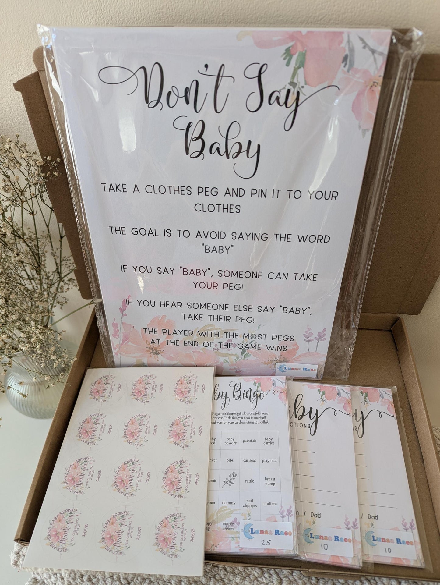 Don't Say Baby Poster, Baby Shower Game, Baby Girl, Pink Flowers