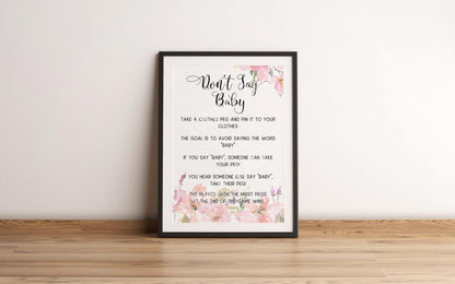 Don't Say Baby Poster, Baby Shower Game, Baby Girl, Pink Flowers