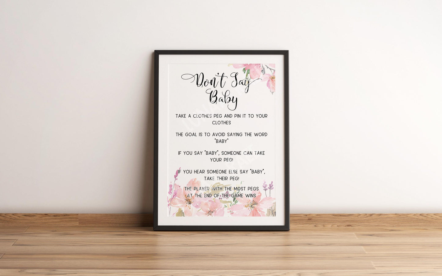 Don't Say Baby Poster, Baby Shower Game, Baby Girl, Pink Flowers