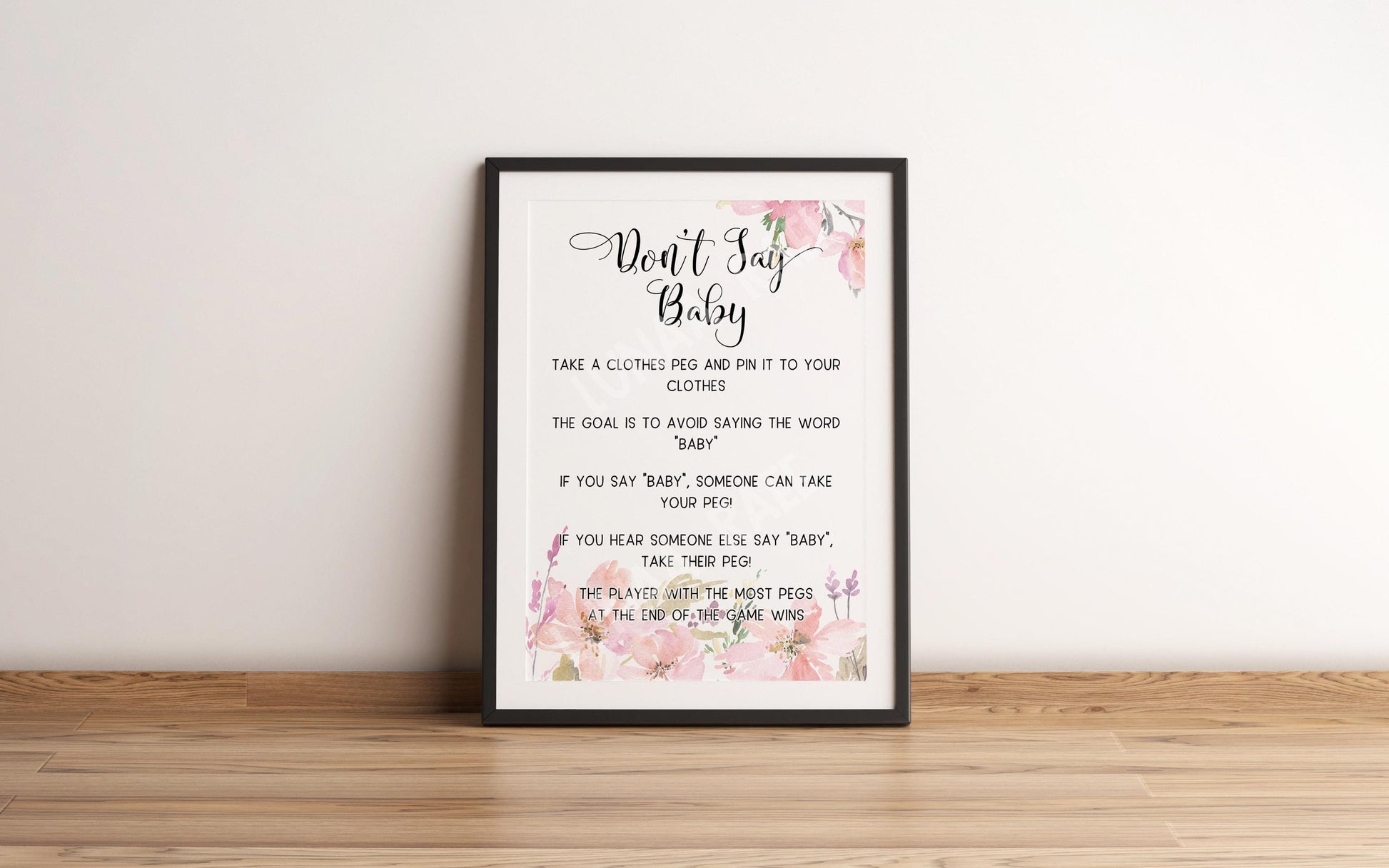 Don't Say Baby Poster, Baby Shower Game, Baby Girl, Pink Flowers