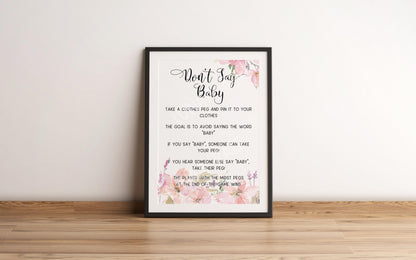 Don't Say Baby Poster, Baby Shower Game, Baby Girl, Pink Flowers