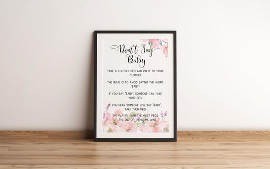 Don't Say Baby Poster, Baby Shower Game, Baby Girl, Pink Flowers