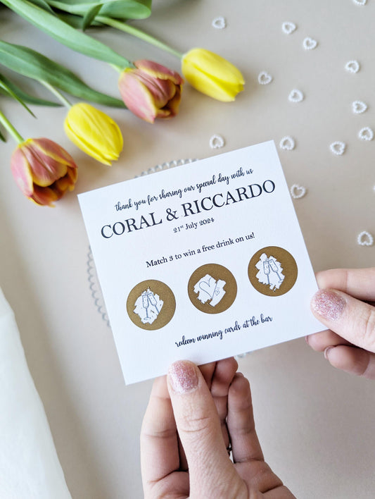 Personalised Wedding Scratch Card, Win a Drink, Wedding Favour, Match 3, Black and White