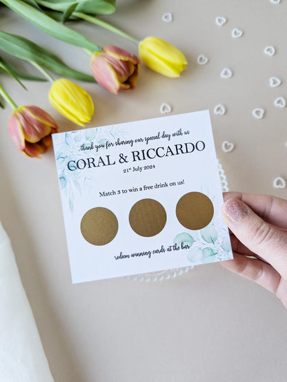 Personalised Wedding Scratch Card, Win a Drink, Wedding Favour, Match 3, Black and White