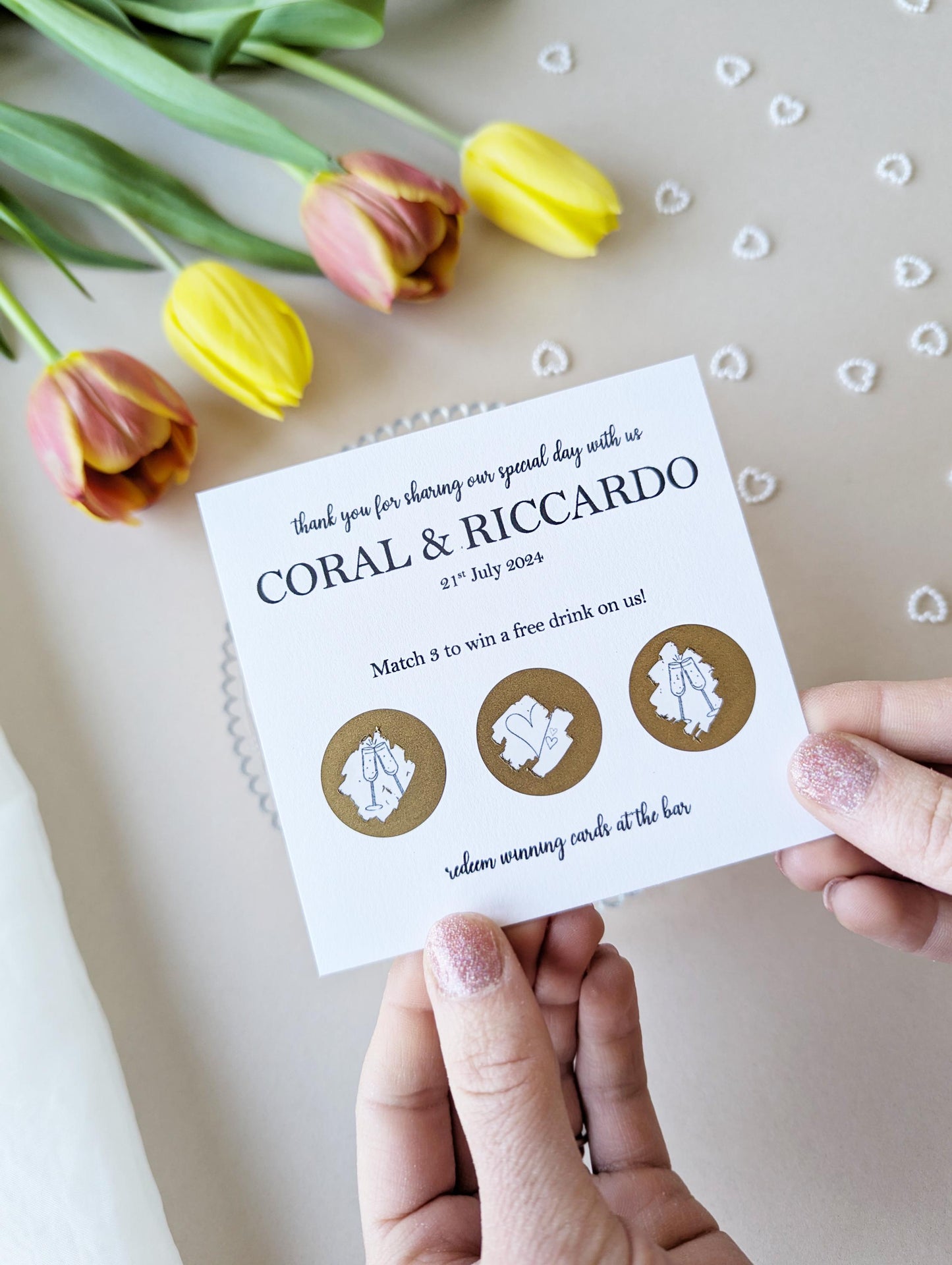 Personalised Wedding Scratch Card, Win a Drink, Wedding Favour, Match 3, Pink Heart