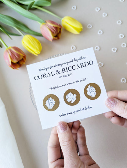 Personalised Wedding Scratch Card, Win a Drink, Wedding Favour, Match 3, Pink Heart