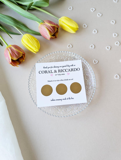 Personalised Wedding Scratch Card, Win a Drink, Wedding Favour, Match 3, Pink Heart