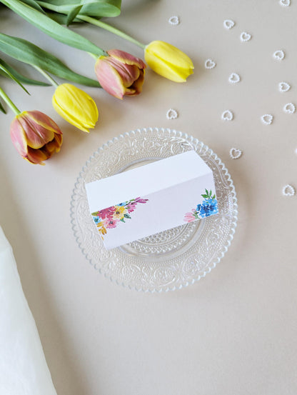 Colourful Floral Wedding Seating Card, Name Cards, Table Place Cards, Folded, Flat