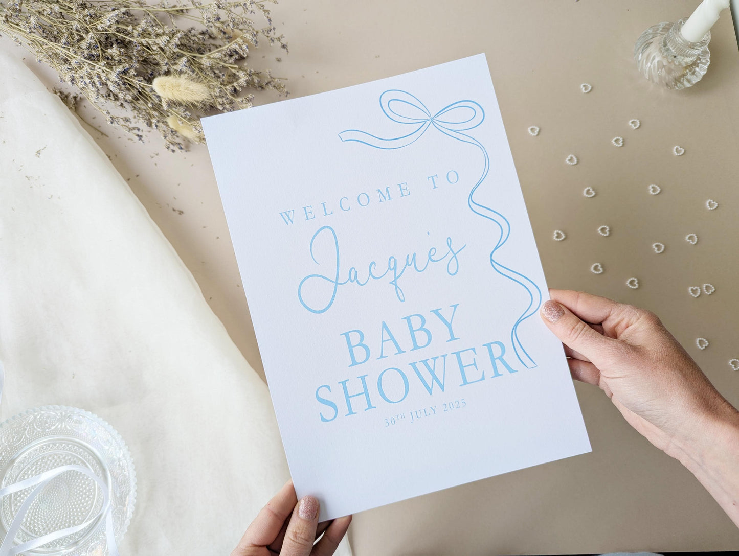 Blue Bow Baby Shower Sign, Welcome Poster, Baby Boy, Baby Sprinkle A4 Printed