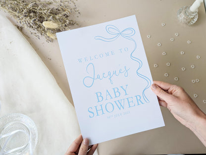 Blue Bow Baby Shower Sign, Welcome Poster, Baby Boy, Baby Sprinkle A4 Printed