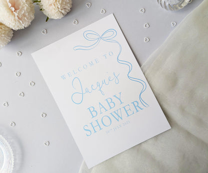 Blue Bow Baby Shower Sign, Welcome Poster, Baby Boy, Baby Sprinkle A4 Printed