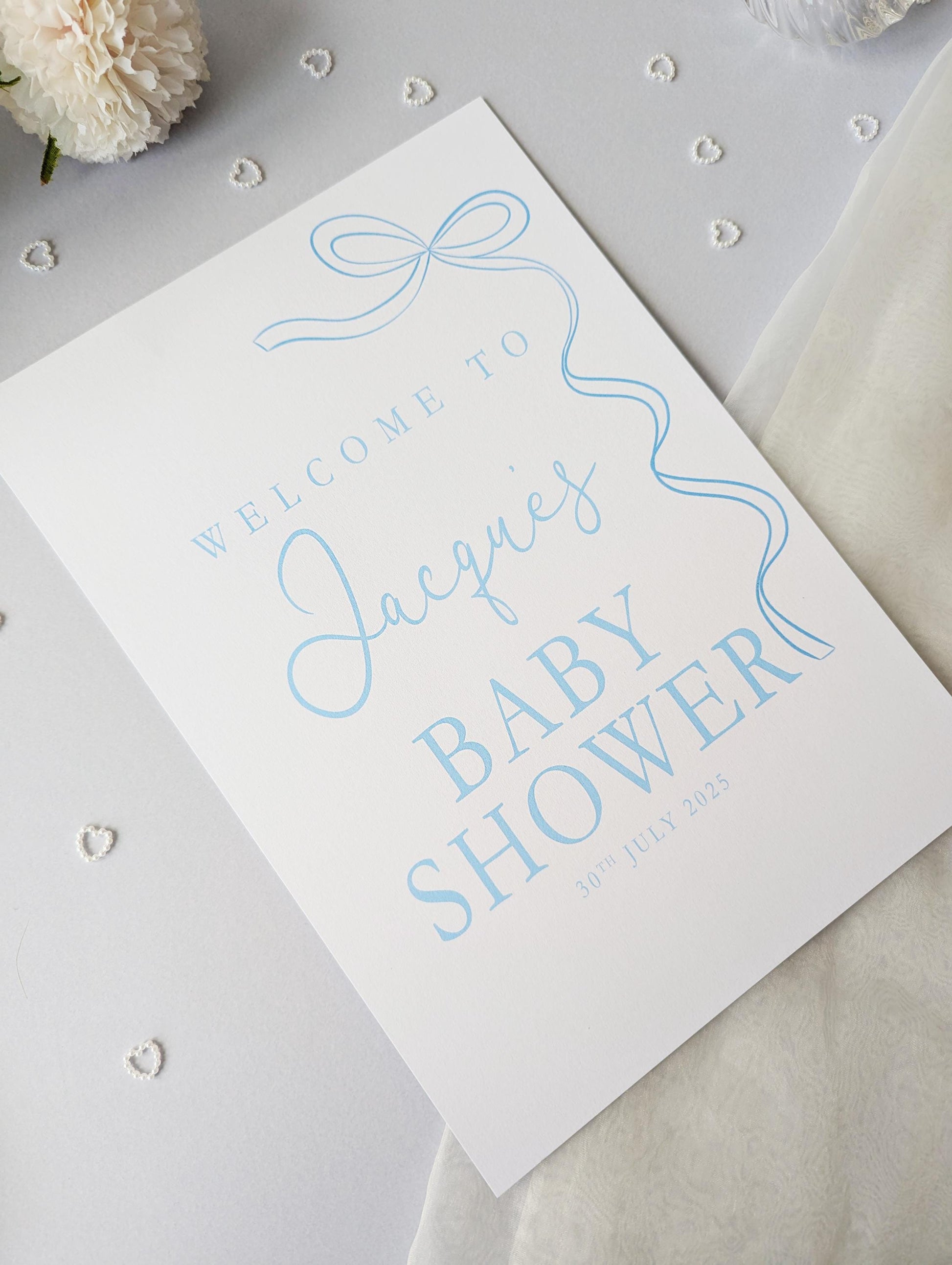 Blue Bow Baby Shower Sign, Welcome Poster, Baby Boy, Baby Sprinkle A4 Printed