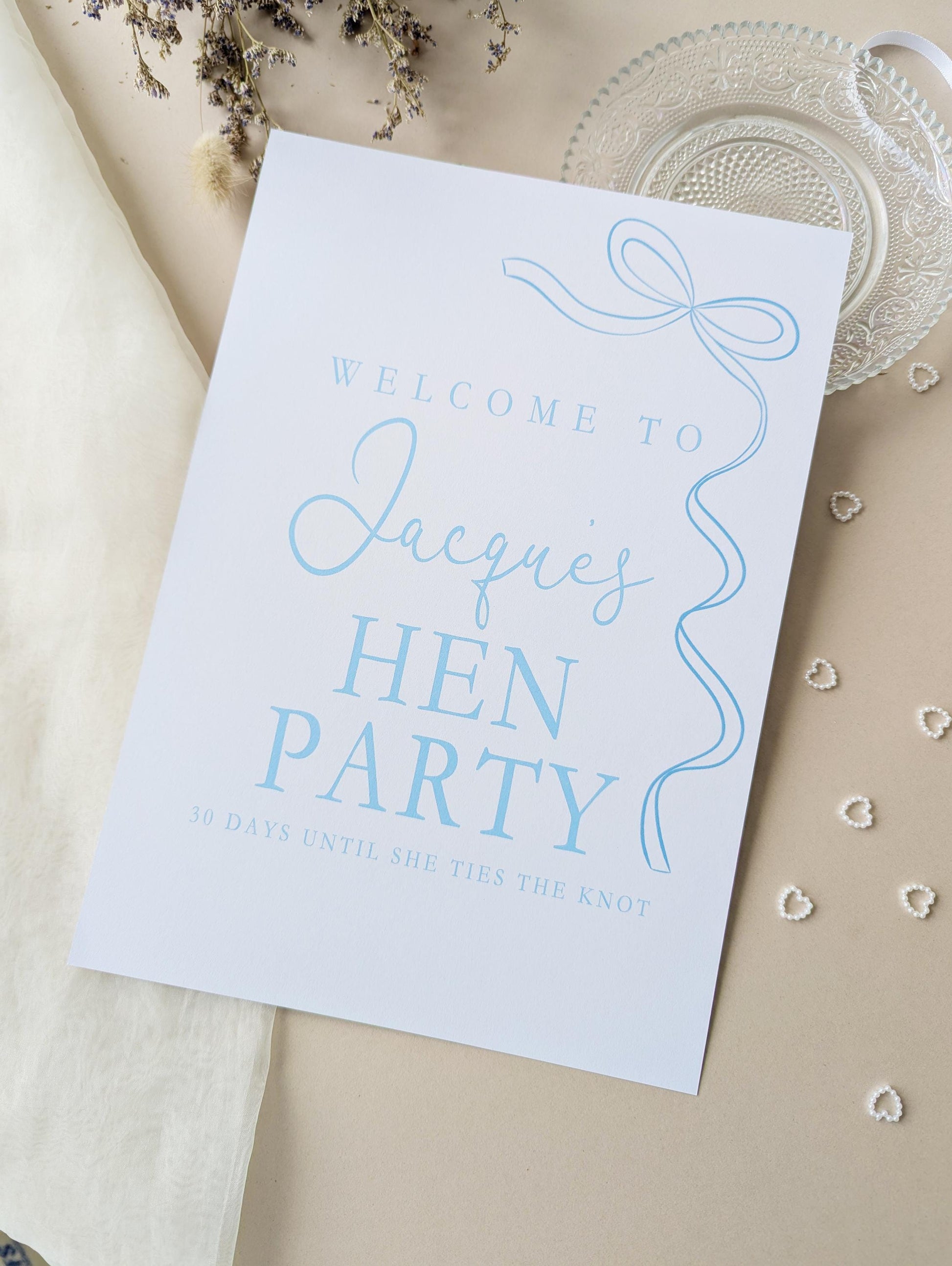 She's tying the knot, Blue Bow Hen Party Sign, Welcome Poster, A4 Printed