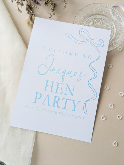 She's tying the knot, Blue Bow Hen Party Sign, Welcome Poster, A4 Printed