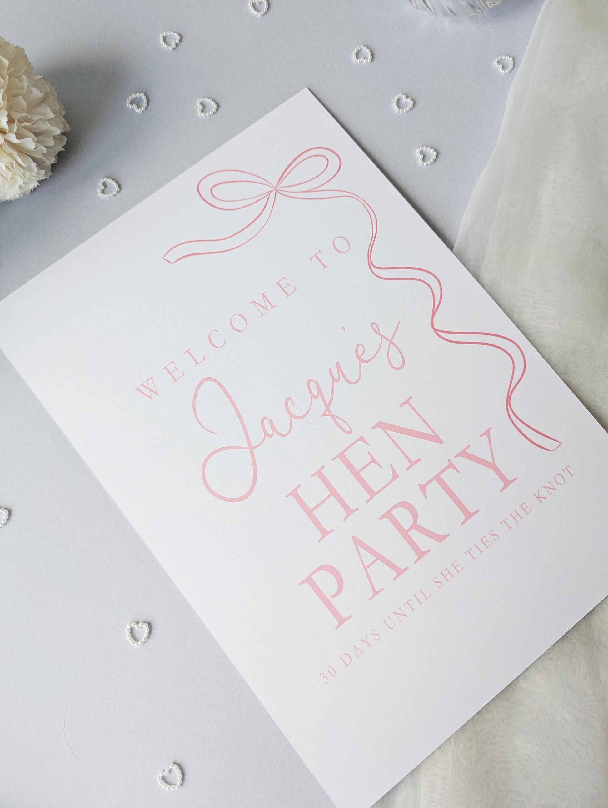 She's tying the knot, Pink Bow Hen Party Sign, Welcome Poster, A4 Printed