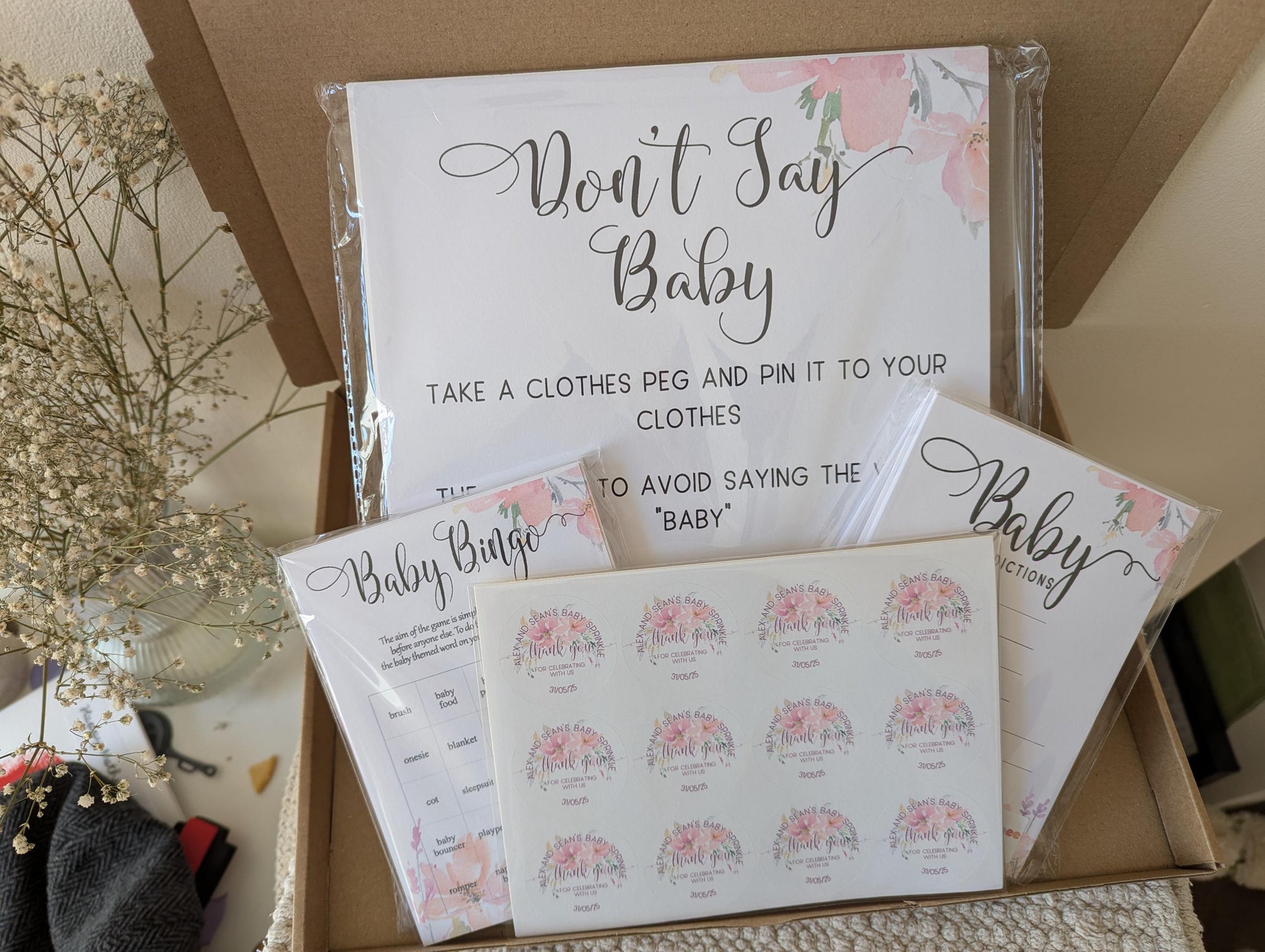 Don't Say Baby Poster, Baby Shower Game, Baby Girl, Pink Flowers