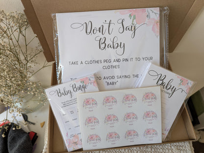 Don't Say Baby Poster, Baby Shower Game, Baby Girl, Pink Flowers