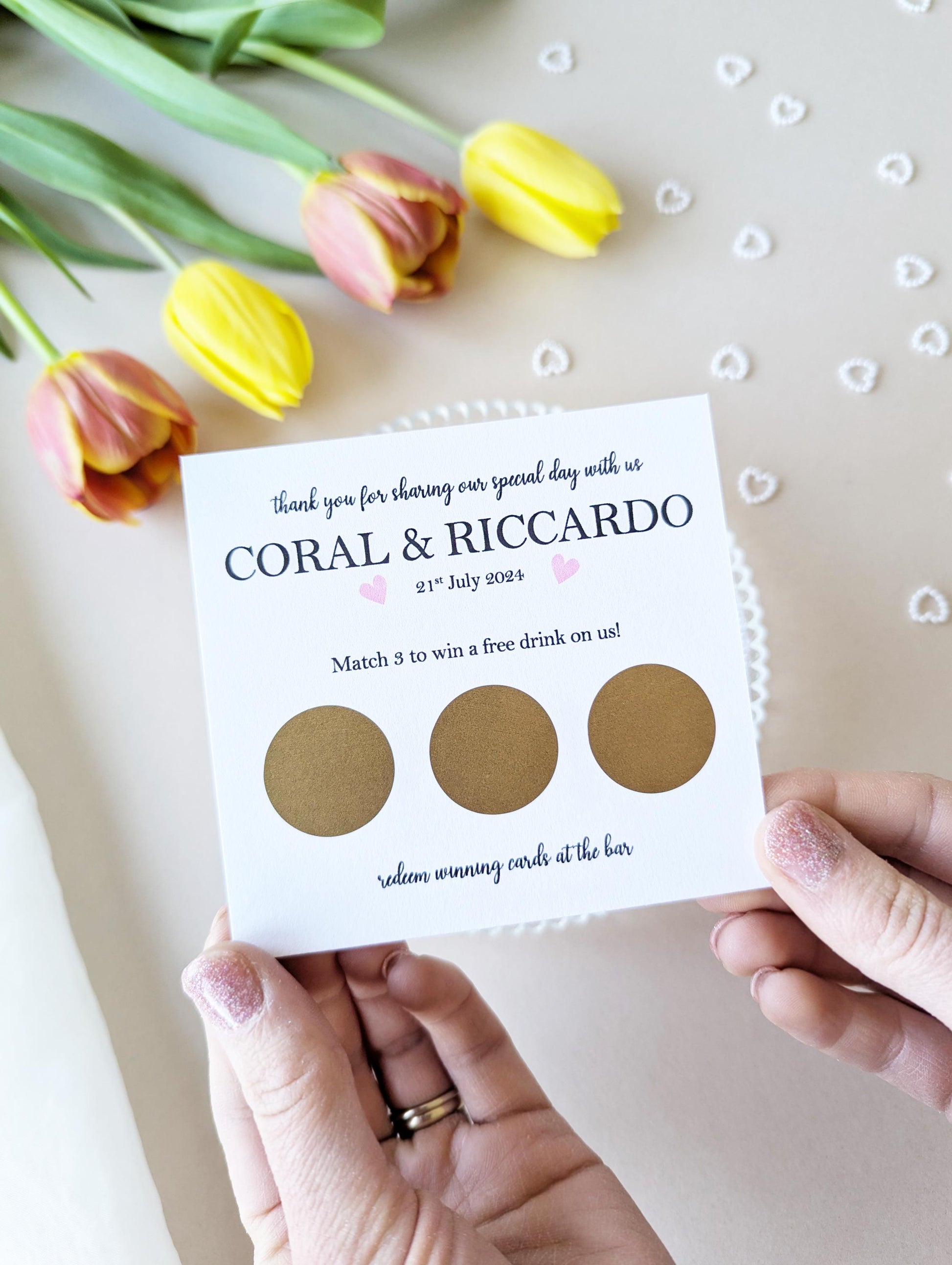 Personalised Wedding Scratch Card, Win a Drink, Wedding Favour, Match 3, Black and White