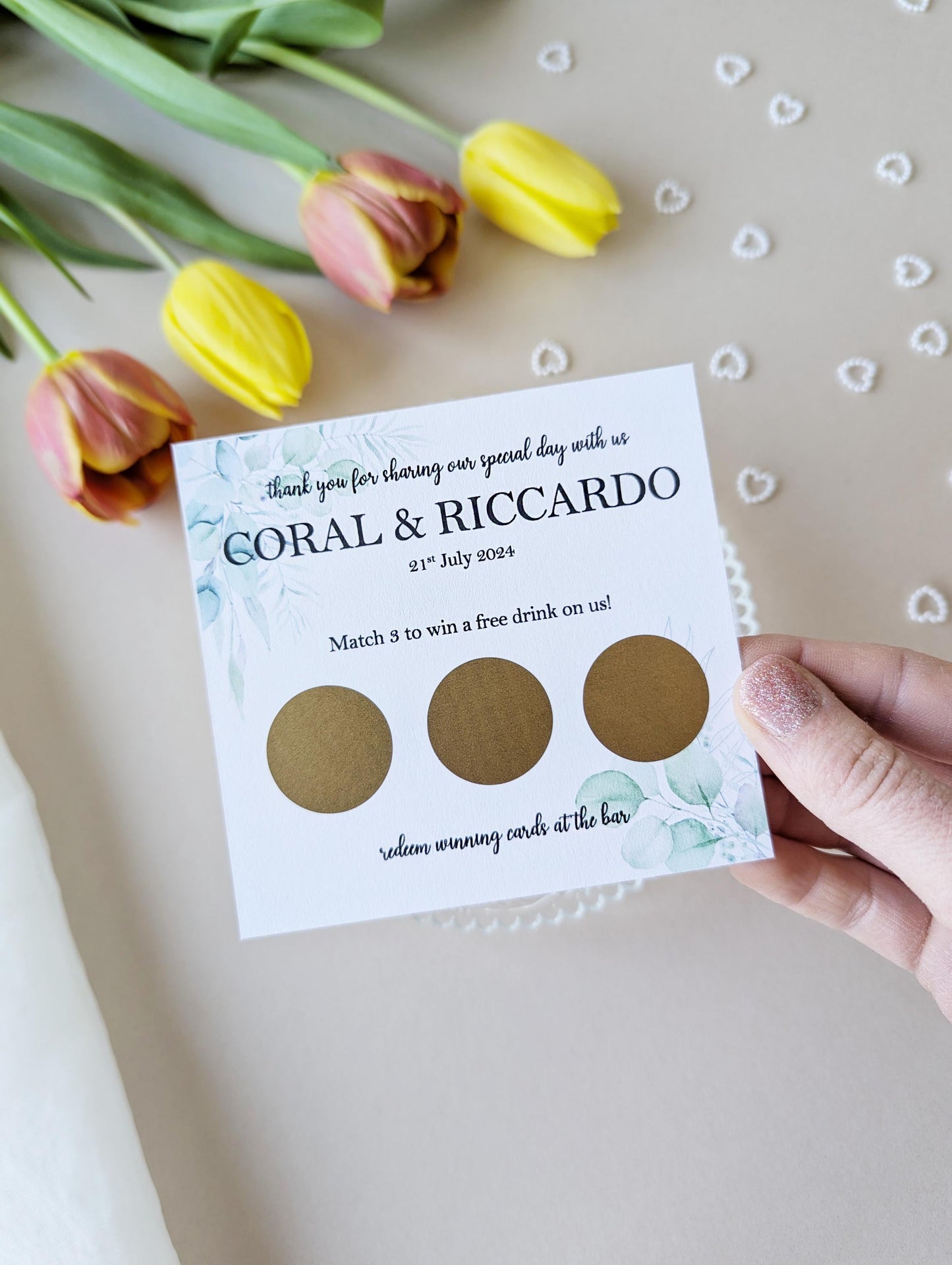 Personalised Wedding Scratch Card, Win a Drink, Wedding Favour, Match 3, Pink Heart
