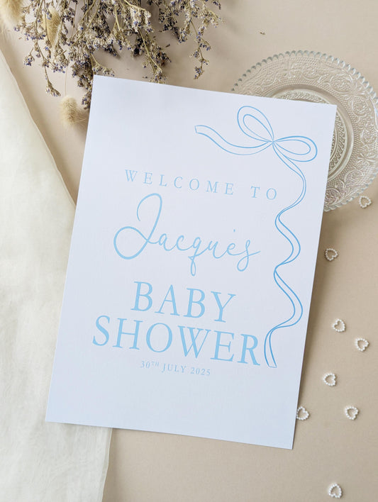 Blue Bow Baby Shower Sign, Welcome Poster, Baby Boy, Baby Sprinkle A4 Printed