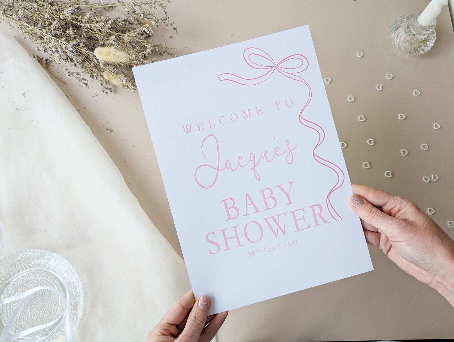 Pink Bow Baby Shower Sign, Welcome Poster, Girl, Baby Sprinkle A4 Printed