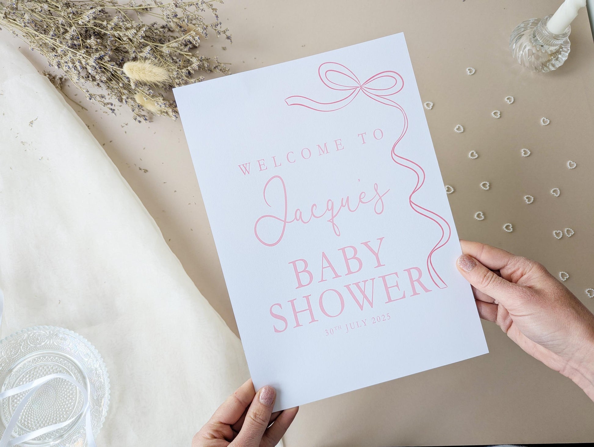 Pink Bow Baby Shower Sign, Welcome Poster, Girl, Baby Sprinkle A4 Printed