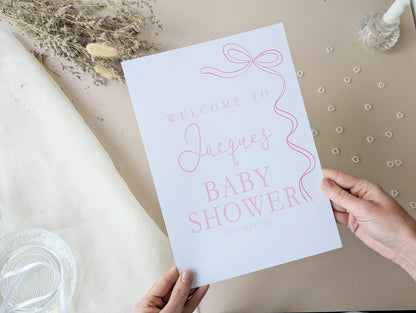 Pink Bow Baby Shower Sign, Welcome Poster, Girl, Baby Sprinkle A4 Printed