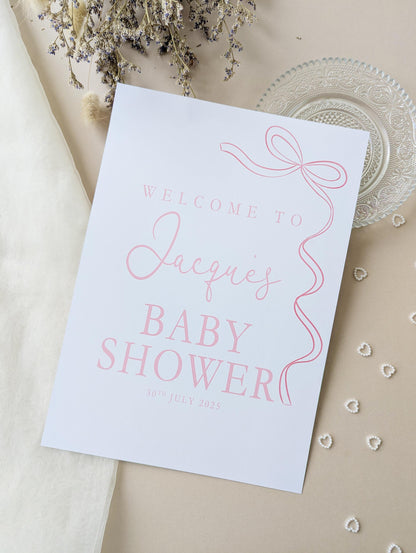 Pink Bow Baby Shower Sign, Welcome Poster, Girl, Baby Sprinkle A4 Printed