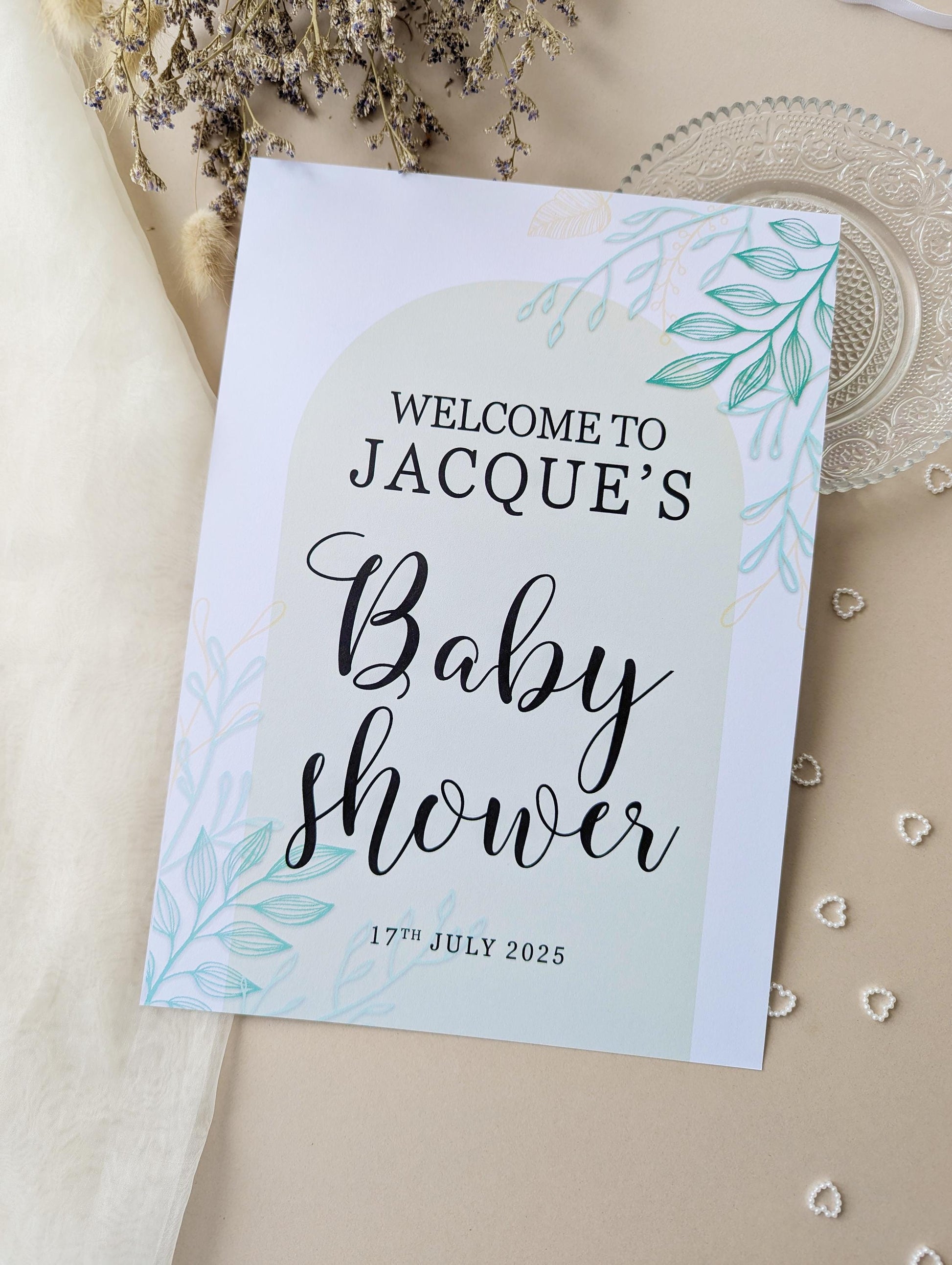 Sage Green Arch Baby Shower Sign, Welcome Poster, Boy, Baby Sprinkle A4 Printed