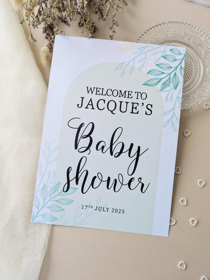 Sage Green Arch Baby Shower Sign, Welcome Poster, Boy, Baby Sprinkle A4 Printed