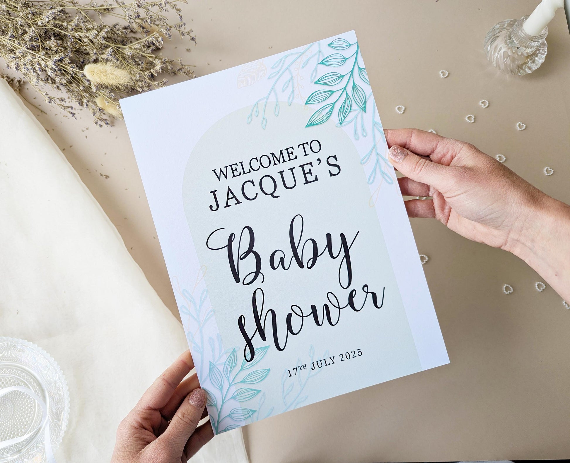 Sage Green Arch Baby Shower Sign, Welcome Poster, Boy, Baby Sprinkle A4 Printed