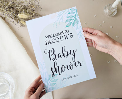 Sage Green Arch Baby Shower Sign, Welcome Poster, Boy, Baby Sprinkle A4 Printed
