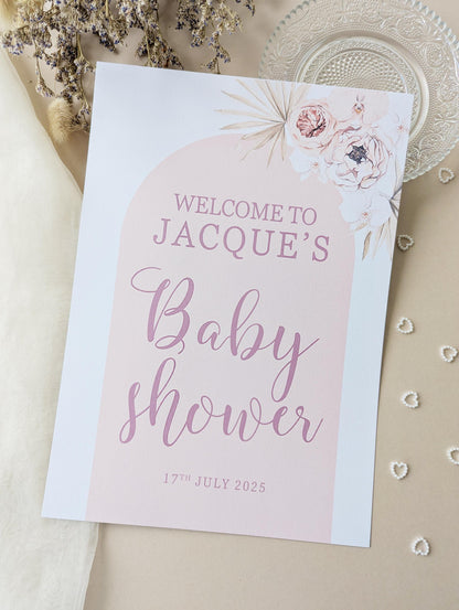 Boho Pink Arch Baby Shower Sign, Welcome Poster, Girl, Baby Sprinkle A4 Printed