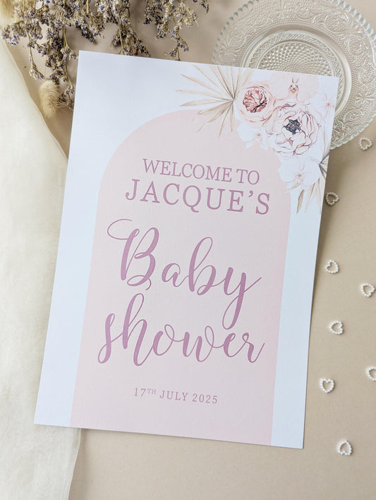 Boho Pink Arch Baby Shower Sign, Welcome Poster, Girl, Baby Sprinkle A4 Printed