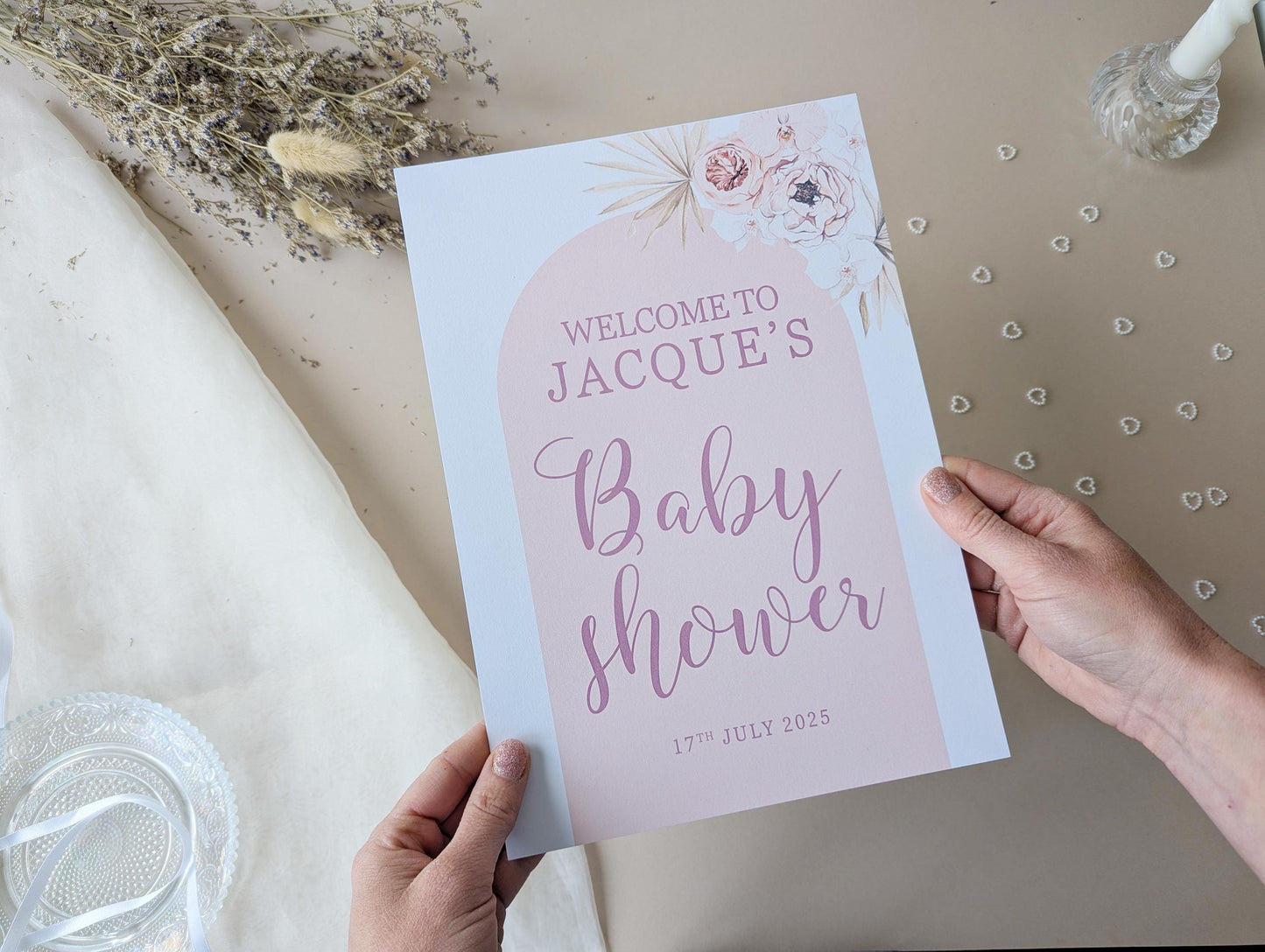 Boho Pink Arch Baby Shower Sign, Welcome Poster, Girl, Baby Sprinkle A4 Printed