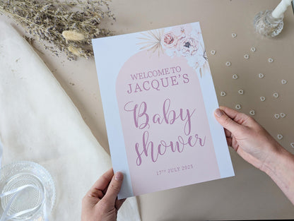 Boho Pink Arch Baby Shower Sign, Welcome Poster, Girl, Baby Sprinkle A4 Printed