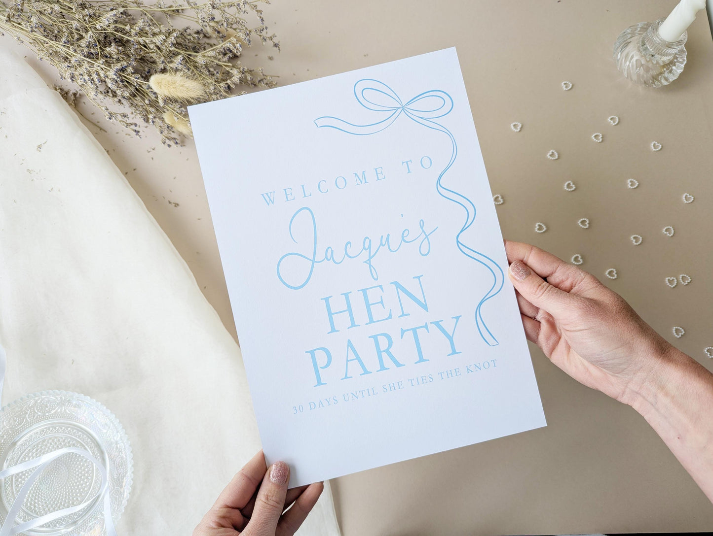 She's tying the knot, Blue Bow Hen Party Sign, Welcome Poster, A4 Printed