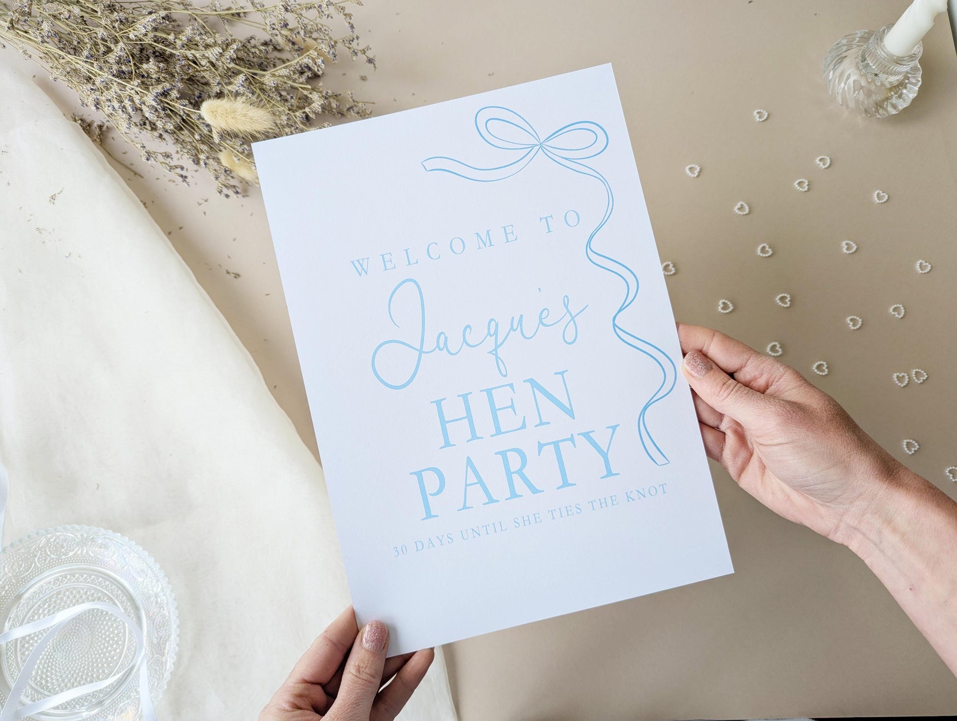 She's tying the knot, Blue Bow Hen Party Sign, Welcome Poster, A4 Printed