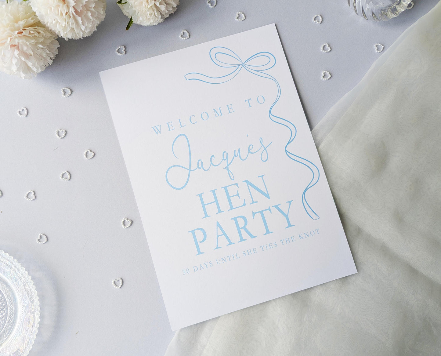She's tying the knot, Blue Bow Hen Party Sign, Welcome Poster, A4 Printed