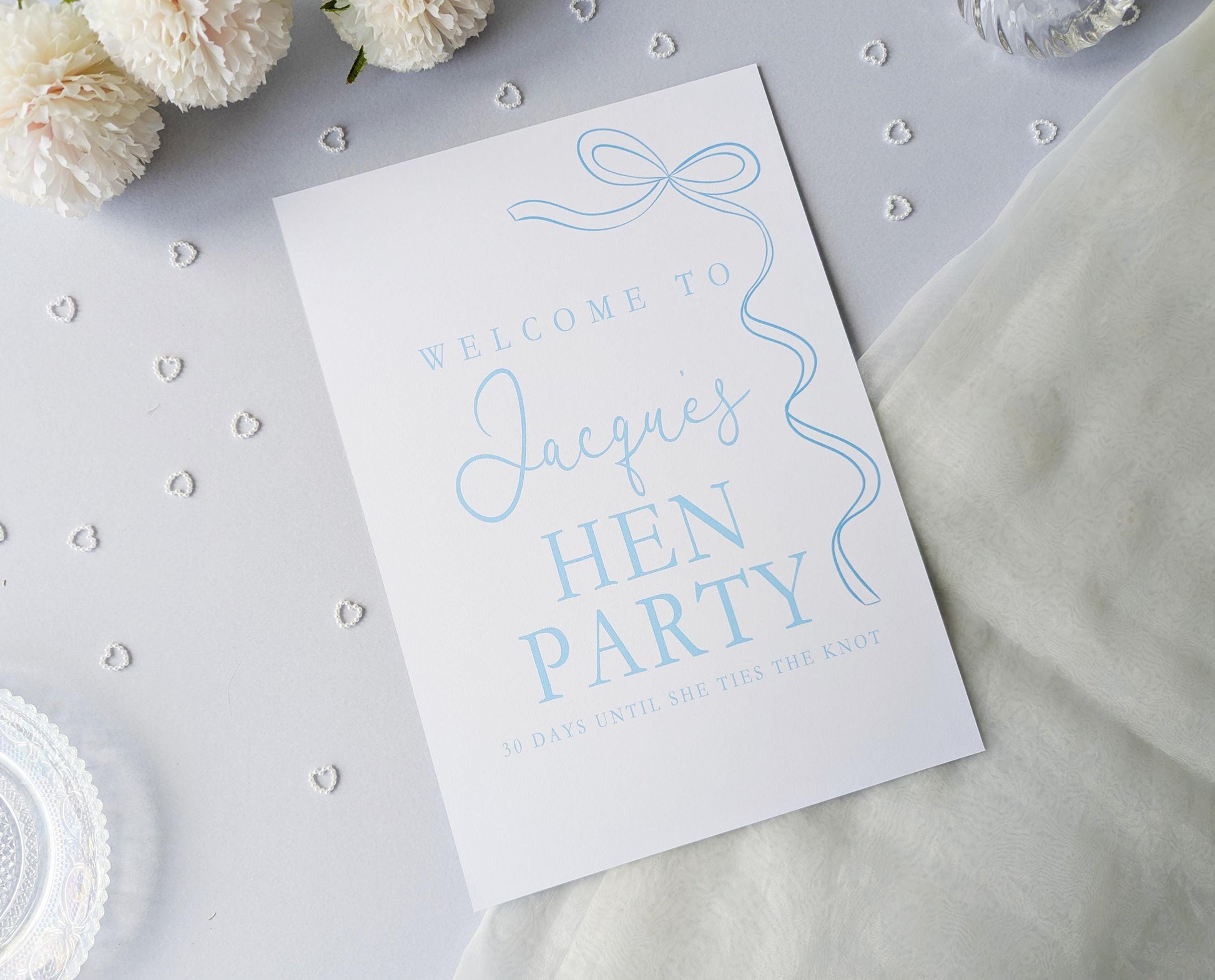 She's tying the knot, Blue Bow Hen Party Sign, Welcome Poster, A4 Printed