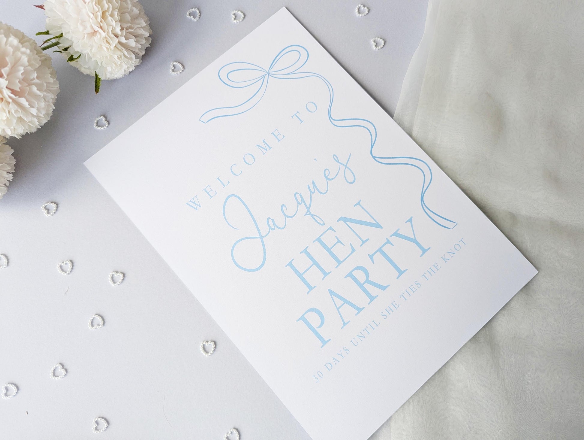 She's tying the knot, Blue Bow Hen Party Sign, Welcome Poster, A4 Printed