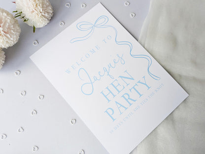 She's tying the knot, Blue Bow Hen Party Sign, Welcome Poster, A4 Printed