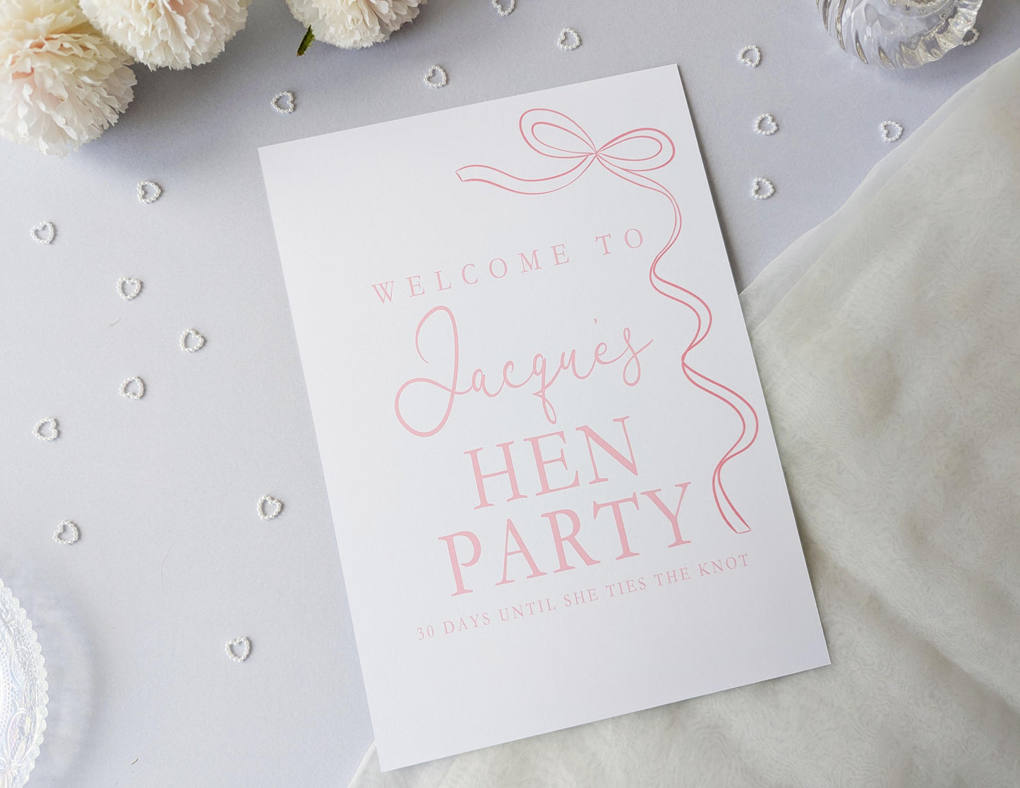 She's tying the knot, Pink Bow Hen Party Sign, Welcome Poster, A4 Printed