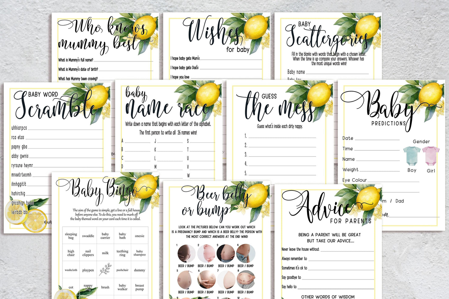 Lemon Baby Shower Bundle, Prediction and Advice Cards Game, Gender Neutral Baby Shower, Mum To Be, Printed A6