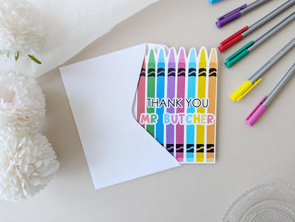 Personalised Thank You Teacher Card, Crayon Design, Nursery, Pre School, Colourful Card, A6